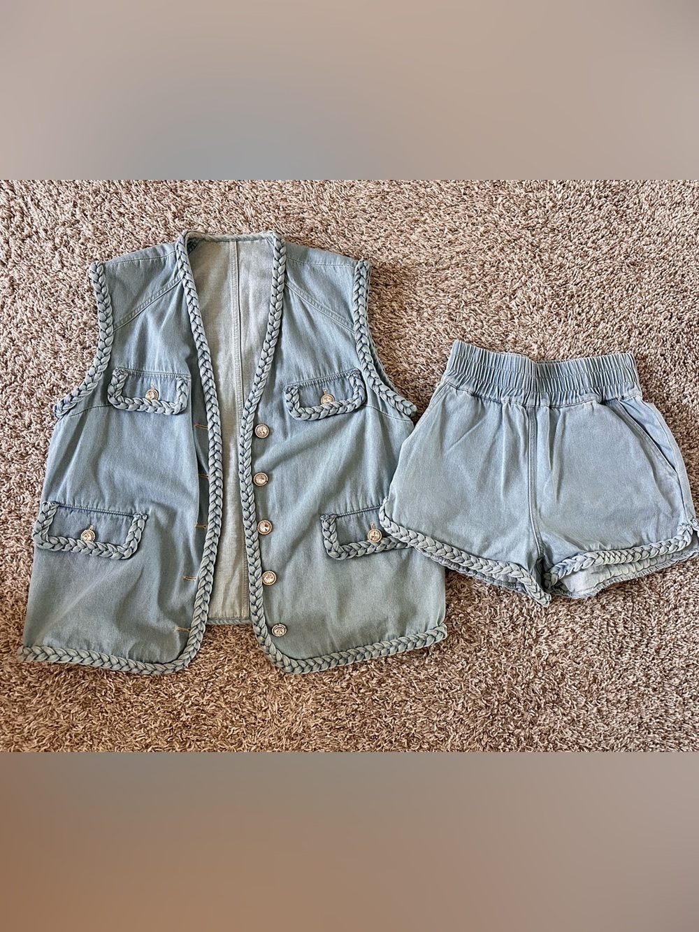 Y2K Braided Denim 2-Piece Set - Oversized Vest & Elastic Waist Shorts